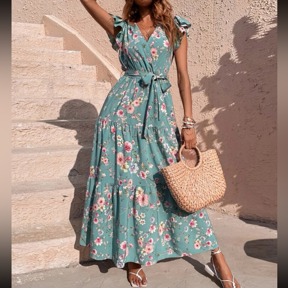 Floral Print Butterfly Sleeve Ruffle Hem Belted maxi Dress cream orange boho - Picture 3 of 12